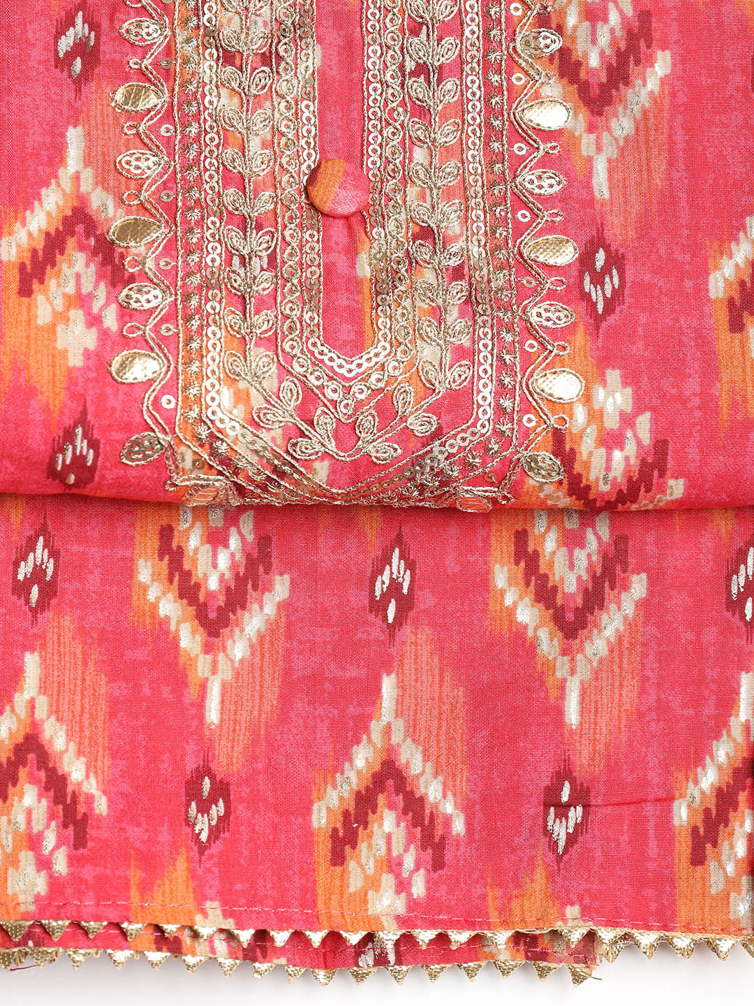 Gota Neck Cotton Blend Unstitched Suit With Dupatta