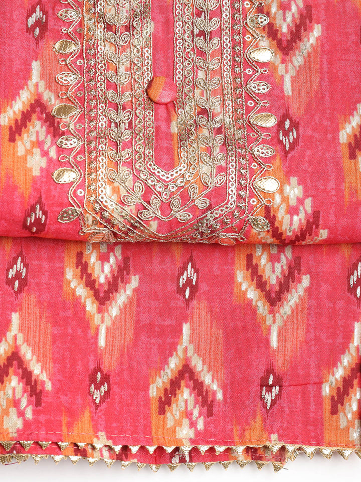 Gota Neck Cotton Blend Unstitched Suit With Dupatta