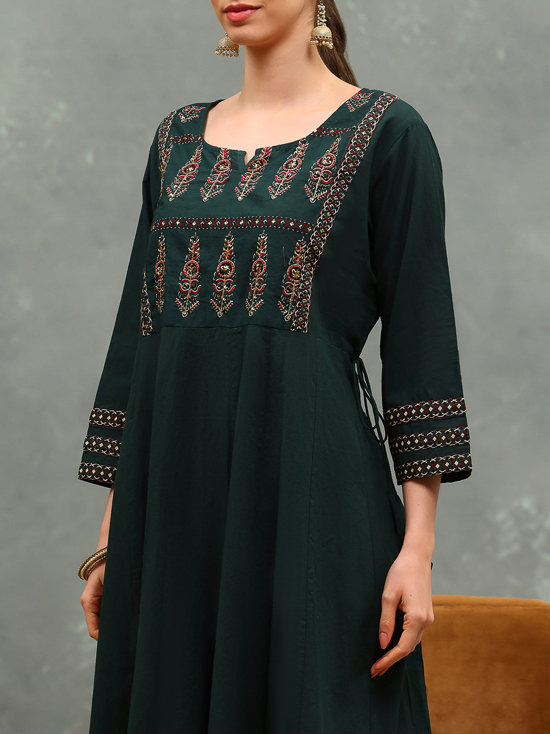 Embroidered Cotton Kurta With Pants & Dupatta