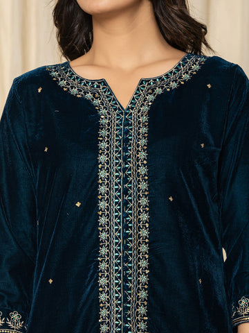 Zari Neck Embroidered Velvet Kurta With Pants