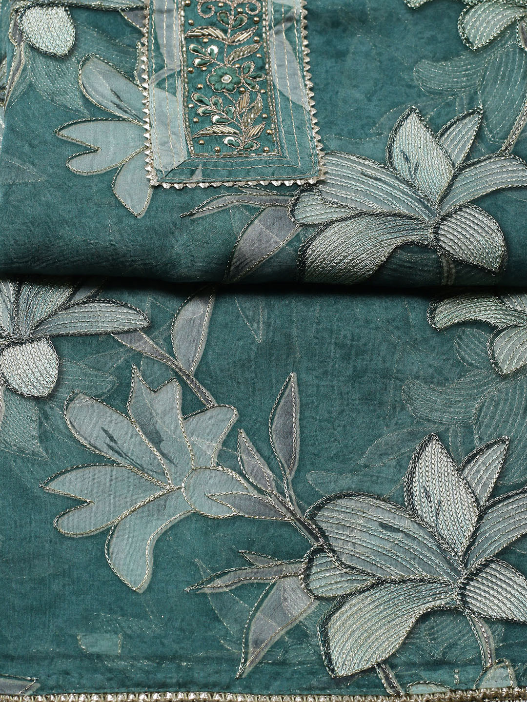 Embroidered Organza Unstitched Suit With Pant &amp; Dupatta