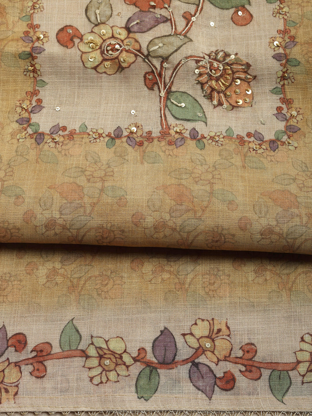 Printed Linen Blend Unstitched Suit With Pant &amp; Dupatta