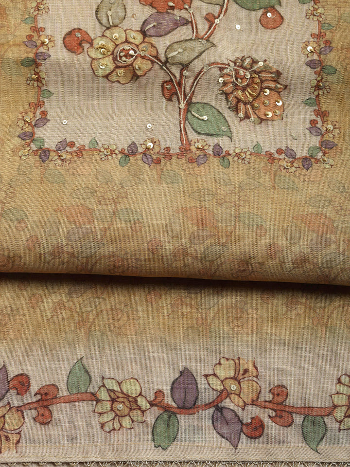 Printed Linen Blend Unstitched Suit With Pant &amp; Dupatta