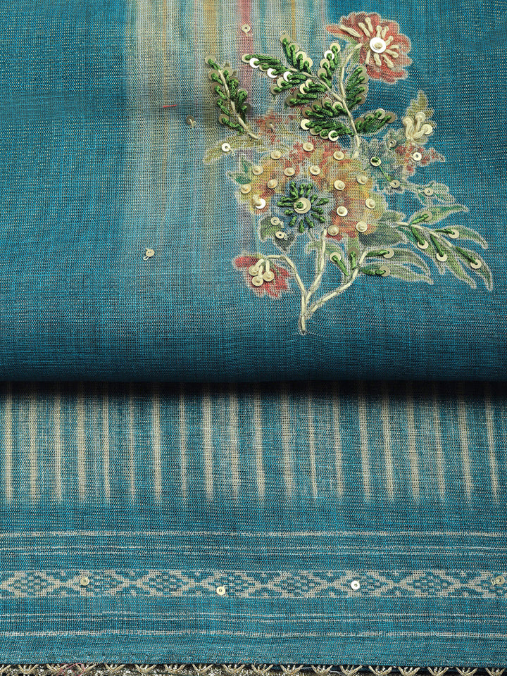 Printed Linen Blend Unstitched Suit With Pant &amp; Dupatta