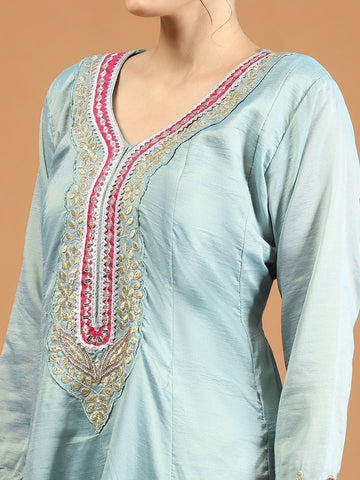 Embroidered Sequin Organza Silk Kurta With Palazzo And Dupatta