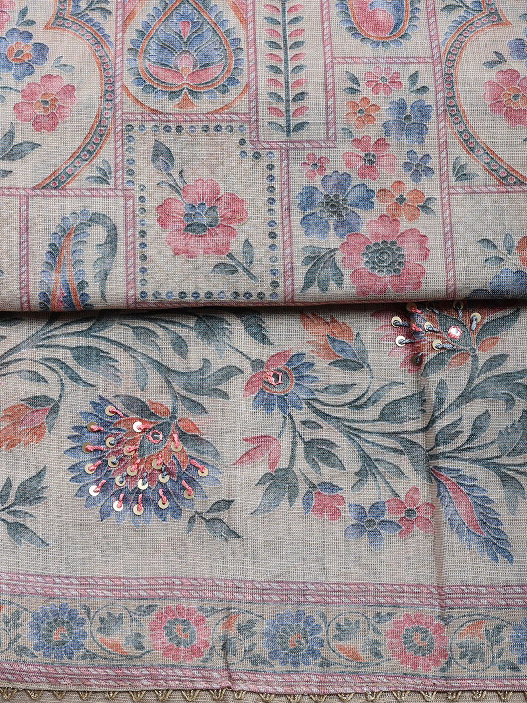 Printed Linen Blend Unstitched Suit With Pant &amp; Dupatta
