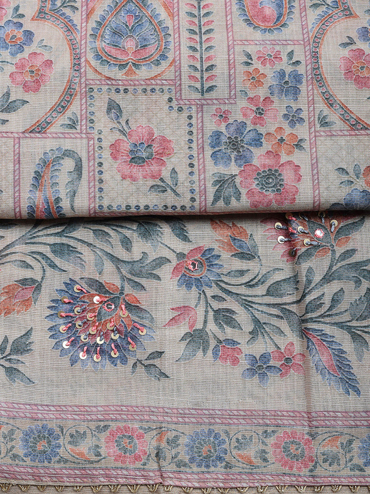 Printed Linen Blend Unstitched Suit With Pant &amp; Dupatta