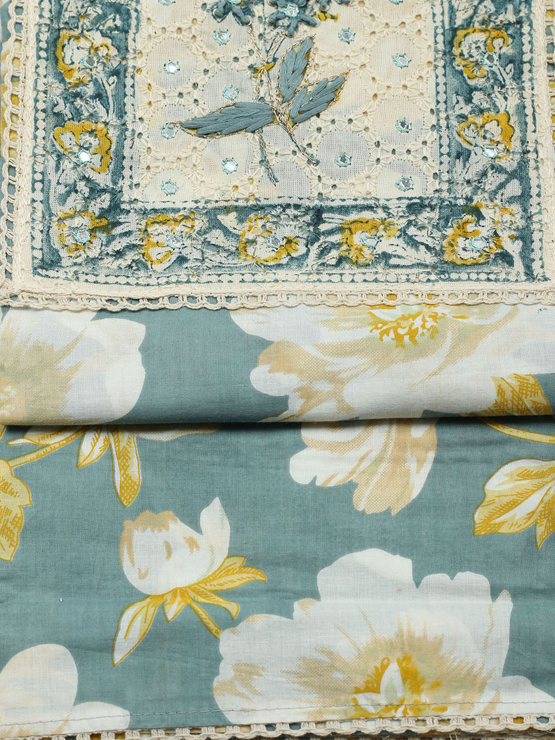 Printed Cotton Blend Unstitched Suit With Pant &amp; Dupatta