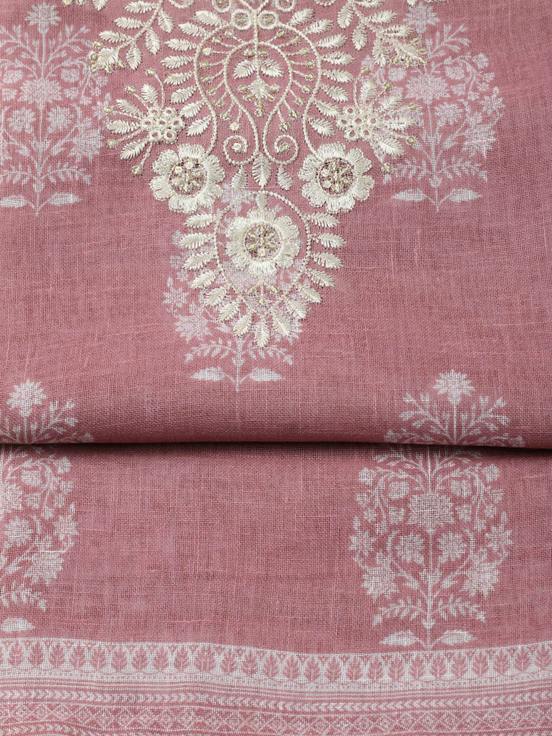 Embroidered Linen Blend Unstitched Suit With Pant &amp; Dupatta