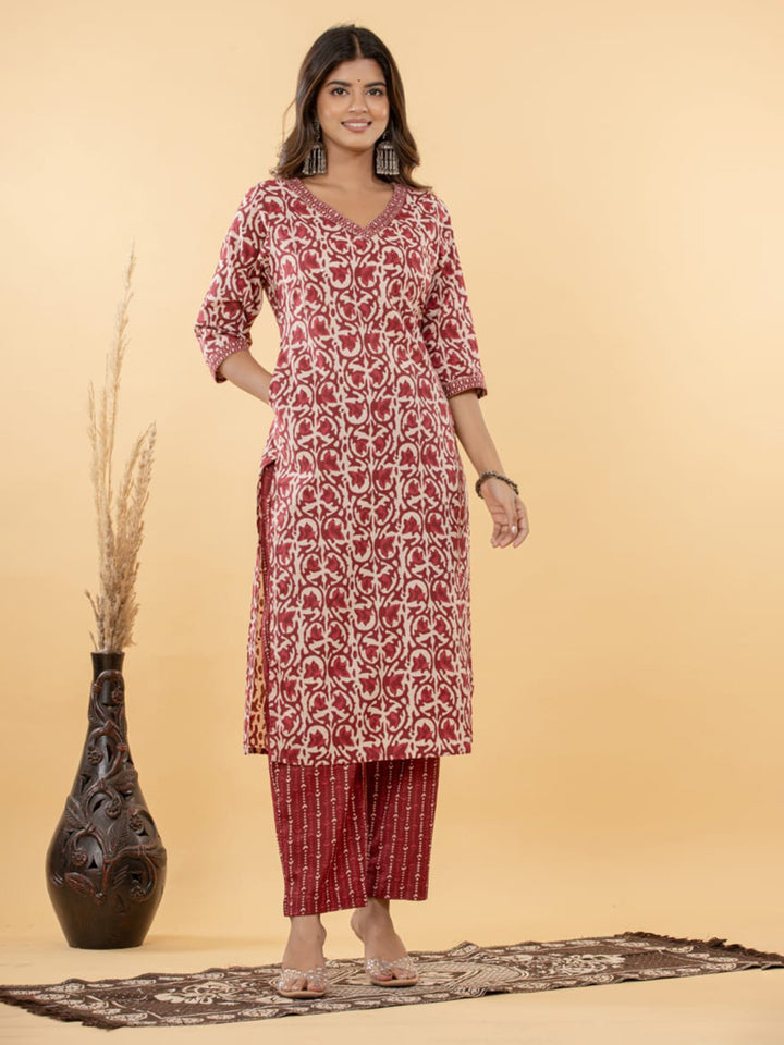 Red Embroidered Cotton Blend Straight Suit Set With Dupatta