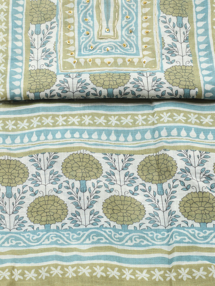Printed Linen Blend Unstitched Suit With Pant &amp; Dupatta