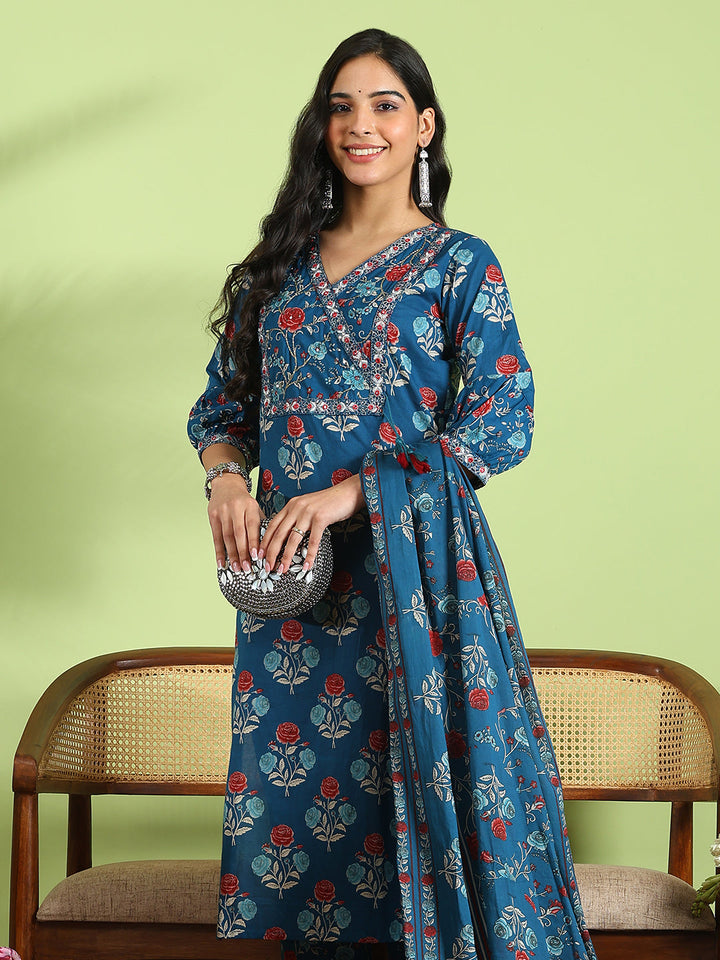 Printed Cotton Kurta With Pant &amp; Dupatta