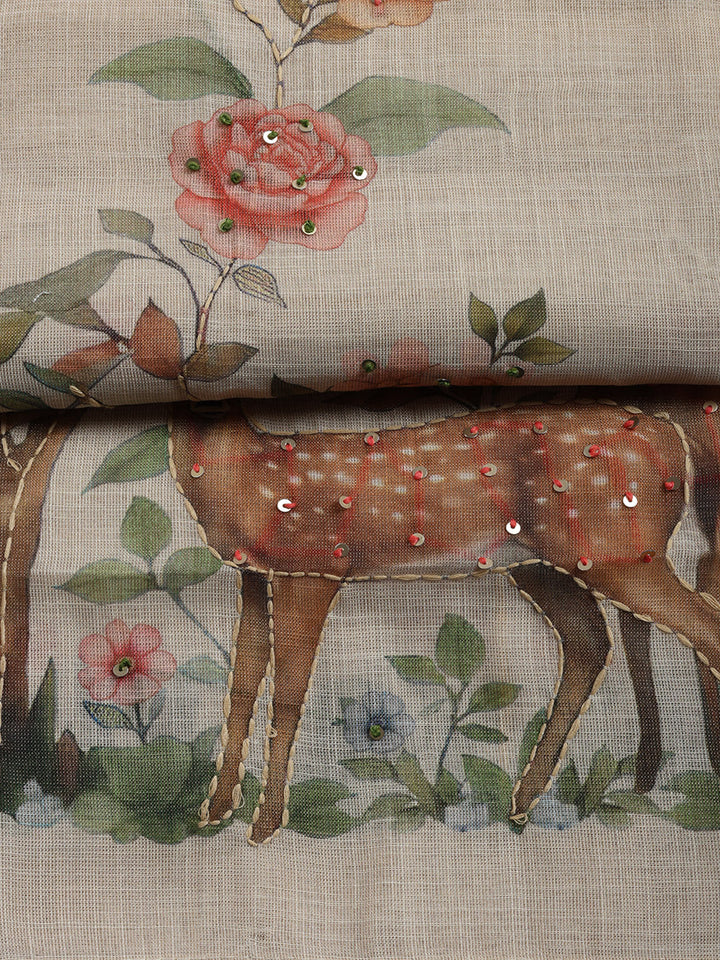 Printed, Linen Blend Unstitched Suit With Pant &amp; Dupatta