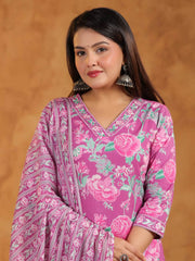 Printed Cotton Blend Kurta With Pants & Dupatta