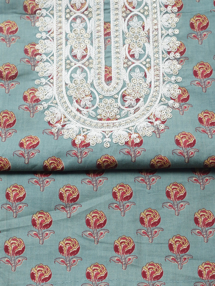 Printed Cotton Blend Unstitched Suit With Pant &amp; Dupatta