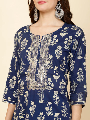 Neck Embroidery & Printed Cotton Kurta Set