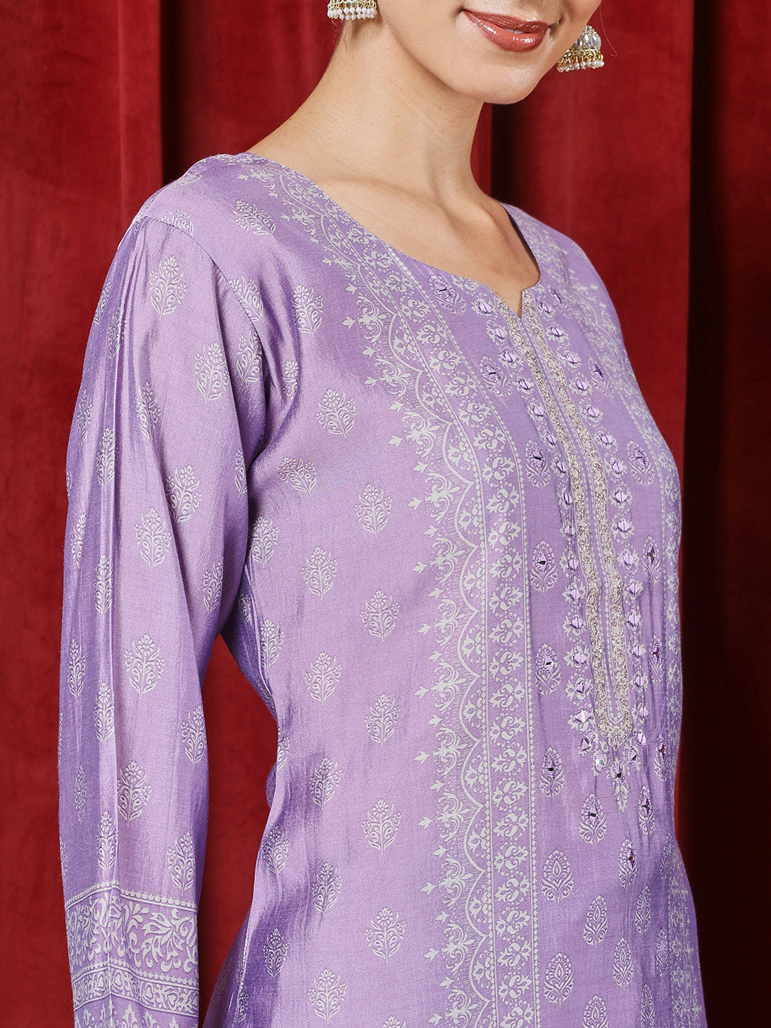 Printed Chanderi Kurta With Pants & Dupatta