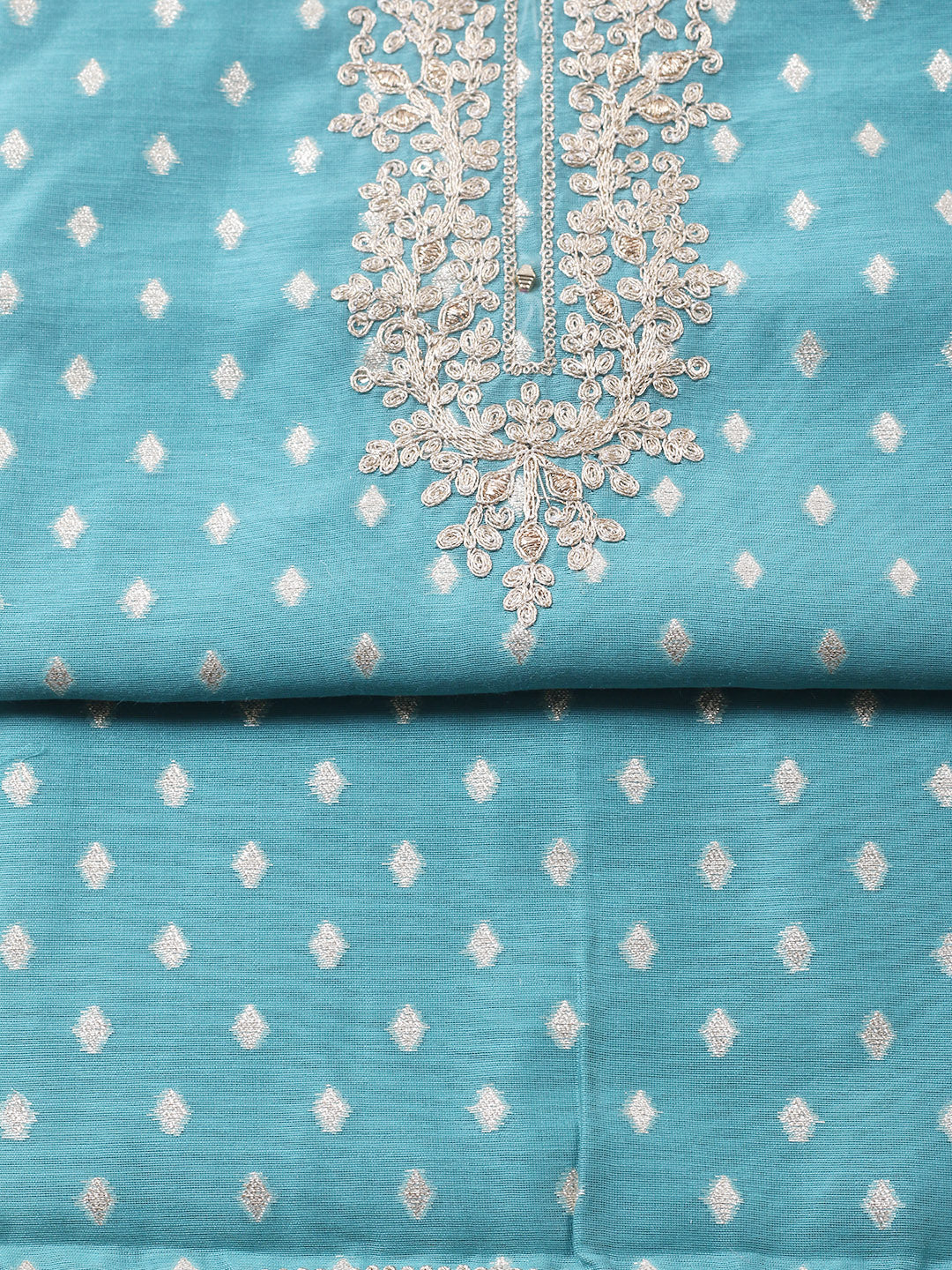 Embroidered Chanderi Unstitched Suit With Pant &amp; Dupatta