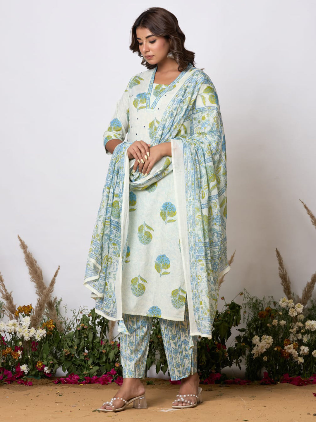 Printed Cotton Blend Kurta With Pants & Dupatta