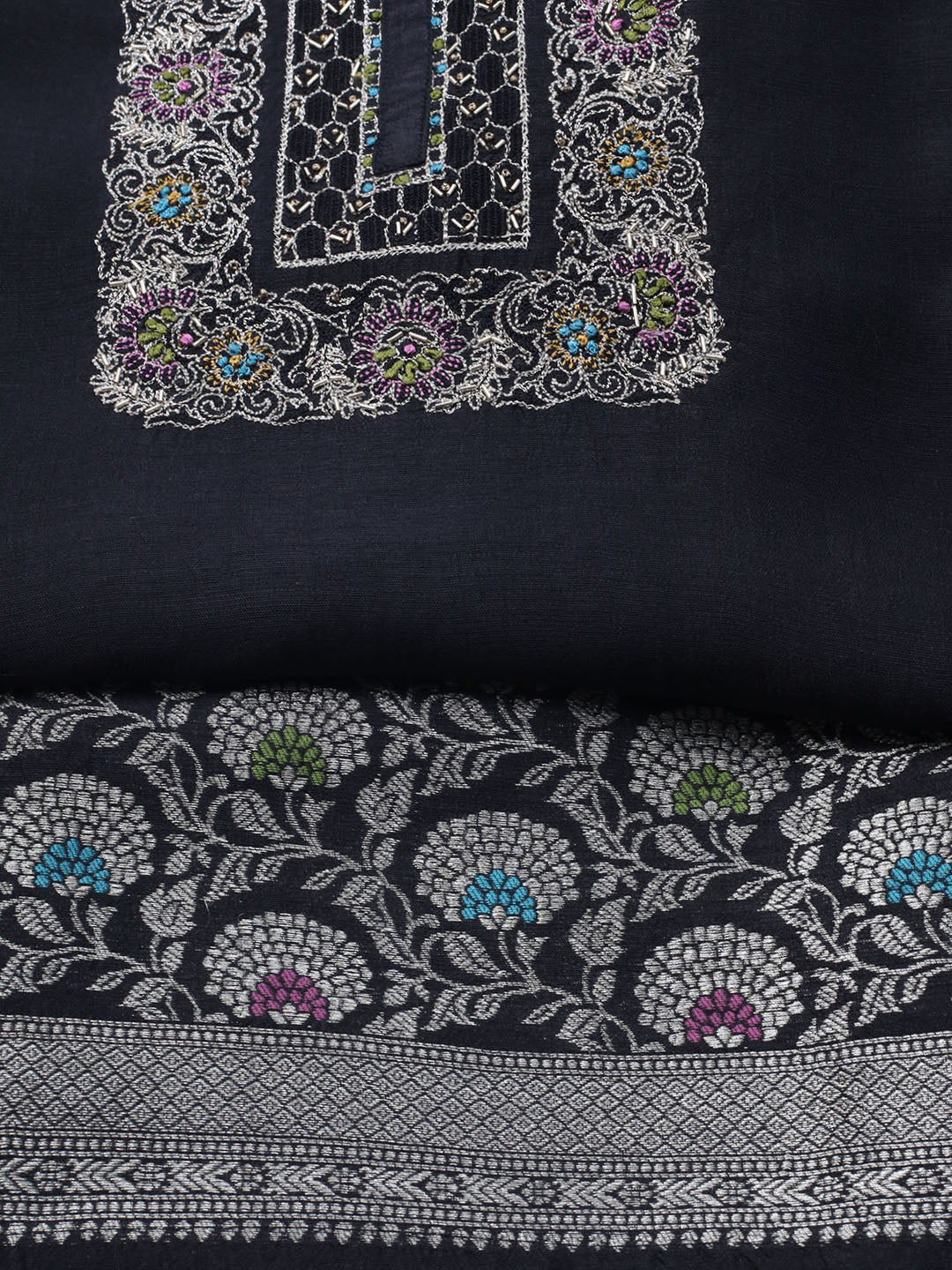 Embroidered Art Silk Unstitched Suit With Dupatta