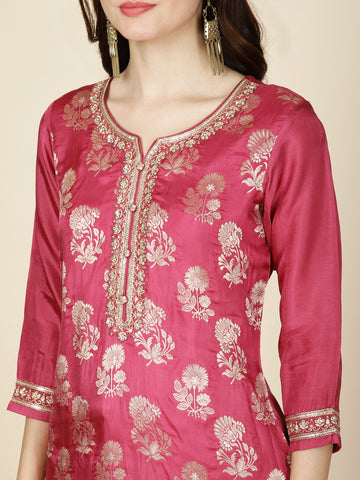 Zari Booti Woven Kurta With Pants & Dupatta