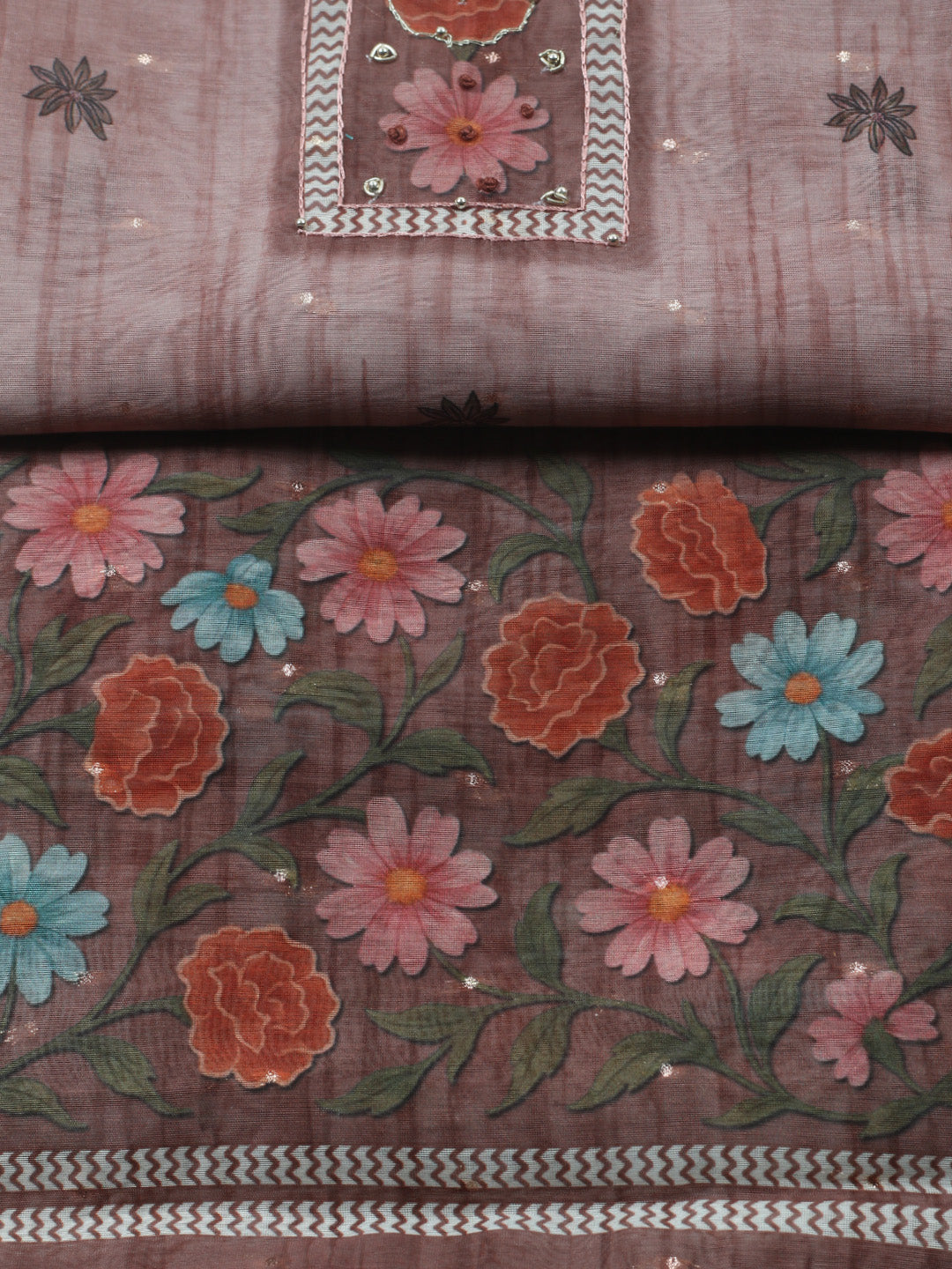 Embroidered Cotton Blend Unstitched Suit With Pant &amp; Dupatta