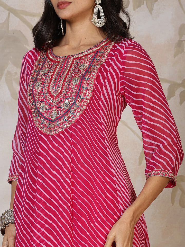 Embroidered Georgette Kurta With Pants &amp; Dupatta