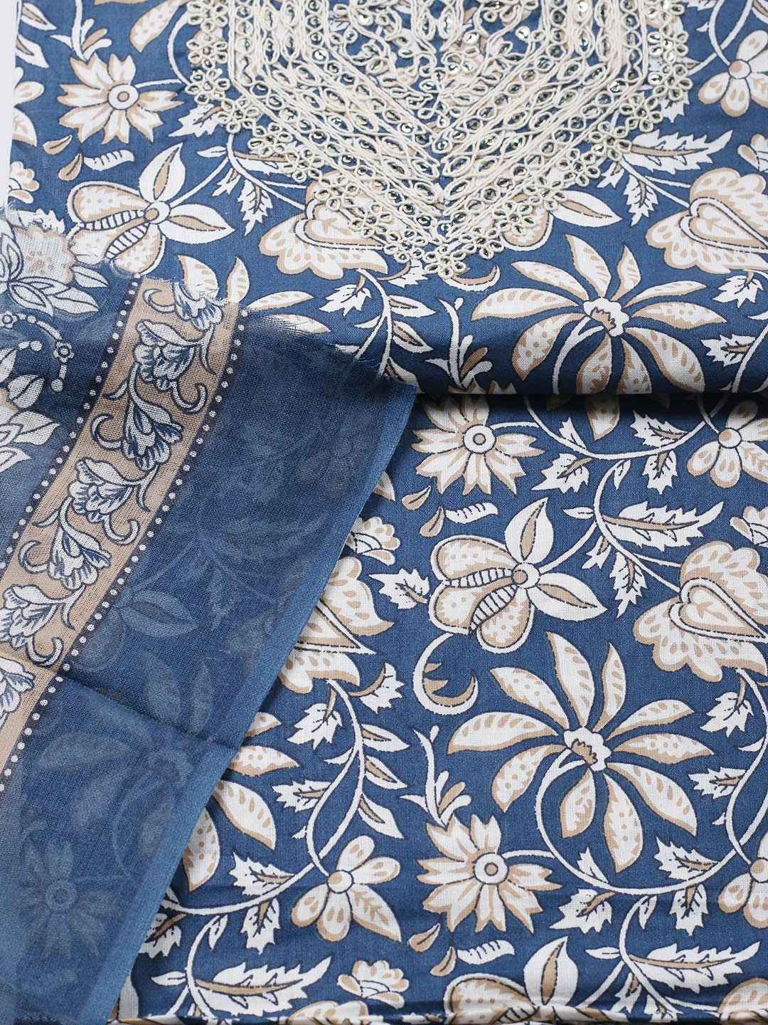 Printed Cotton Blend Unstitched Suit With Pant &amp; Dupatta