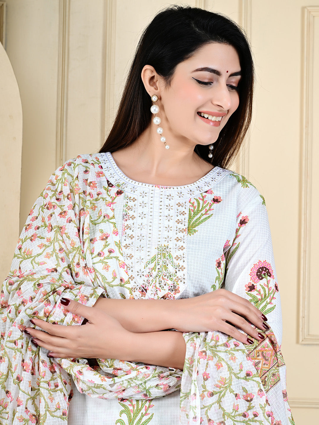 Printed Cotton Blend Kurta With Pants &amp; Dupatta