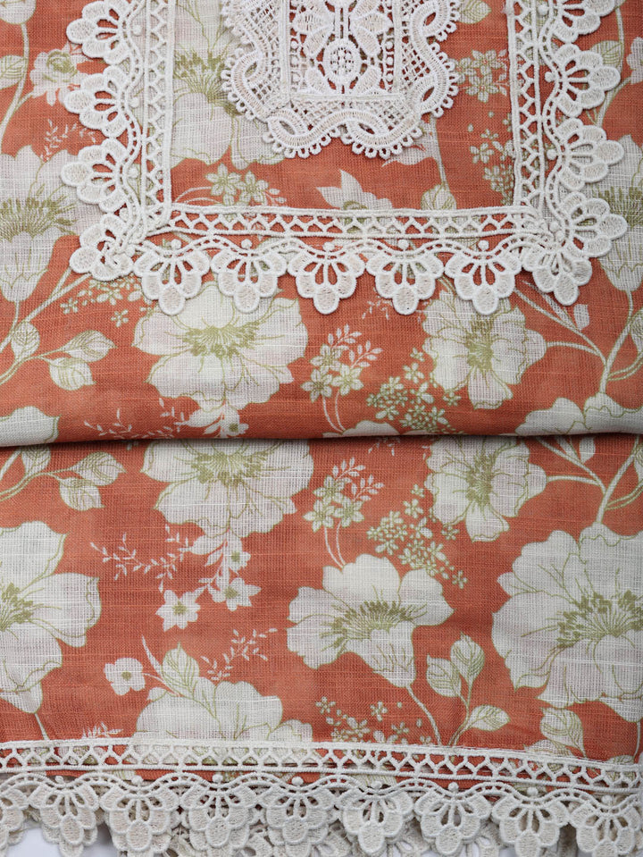 Embroidered Linen Blend Unstitched Suit With Pant &amp; Dupatta
