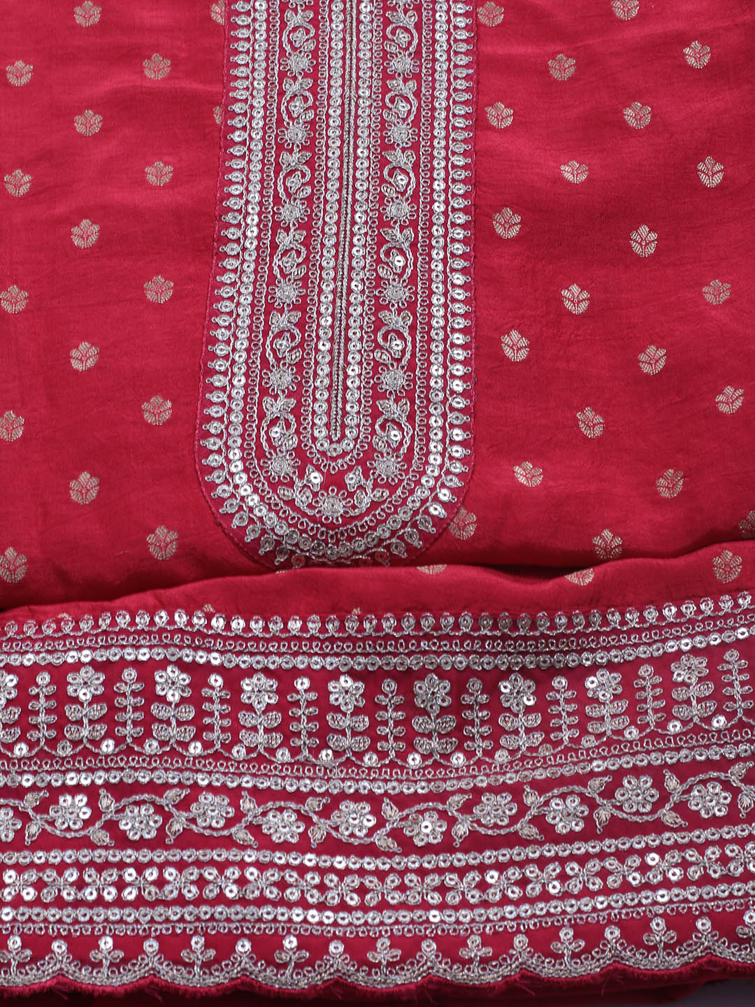Embroidered Art Silk Unstitched Suit Piece With Dupatta