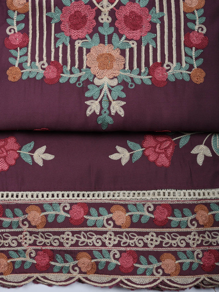 Embroidered Cotton Blend Unstitched Suit With Pant &amp; Dupatta