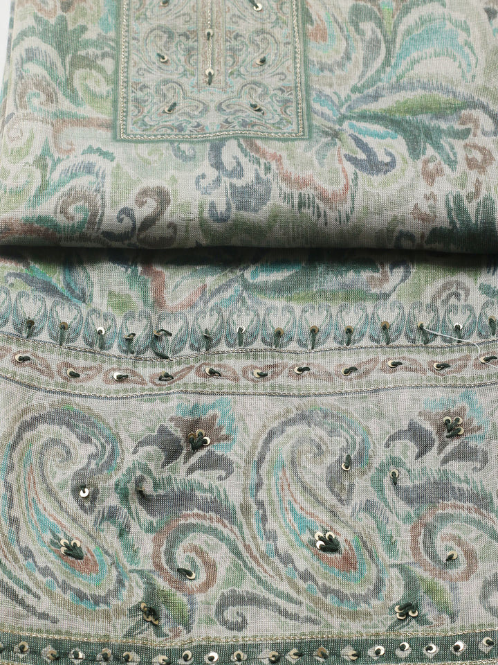 Embroidered Linen Blend Unstitched Suit With Pant &amp; Dupatta