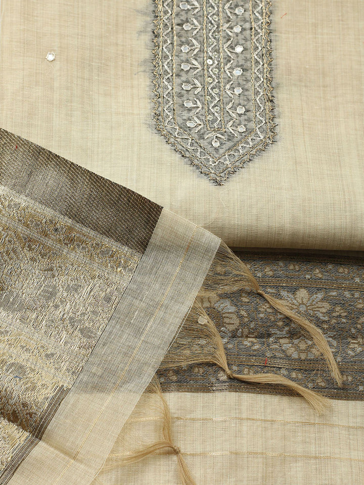 Embroidered Chanderi Unstitched Suit With Pant &amp; Dupatta