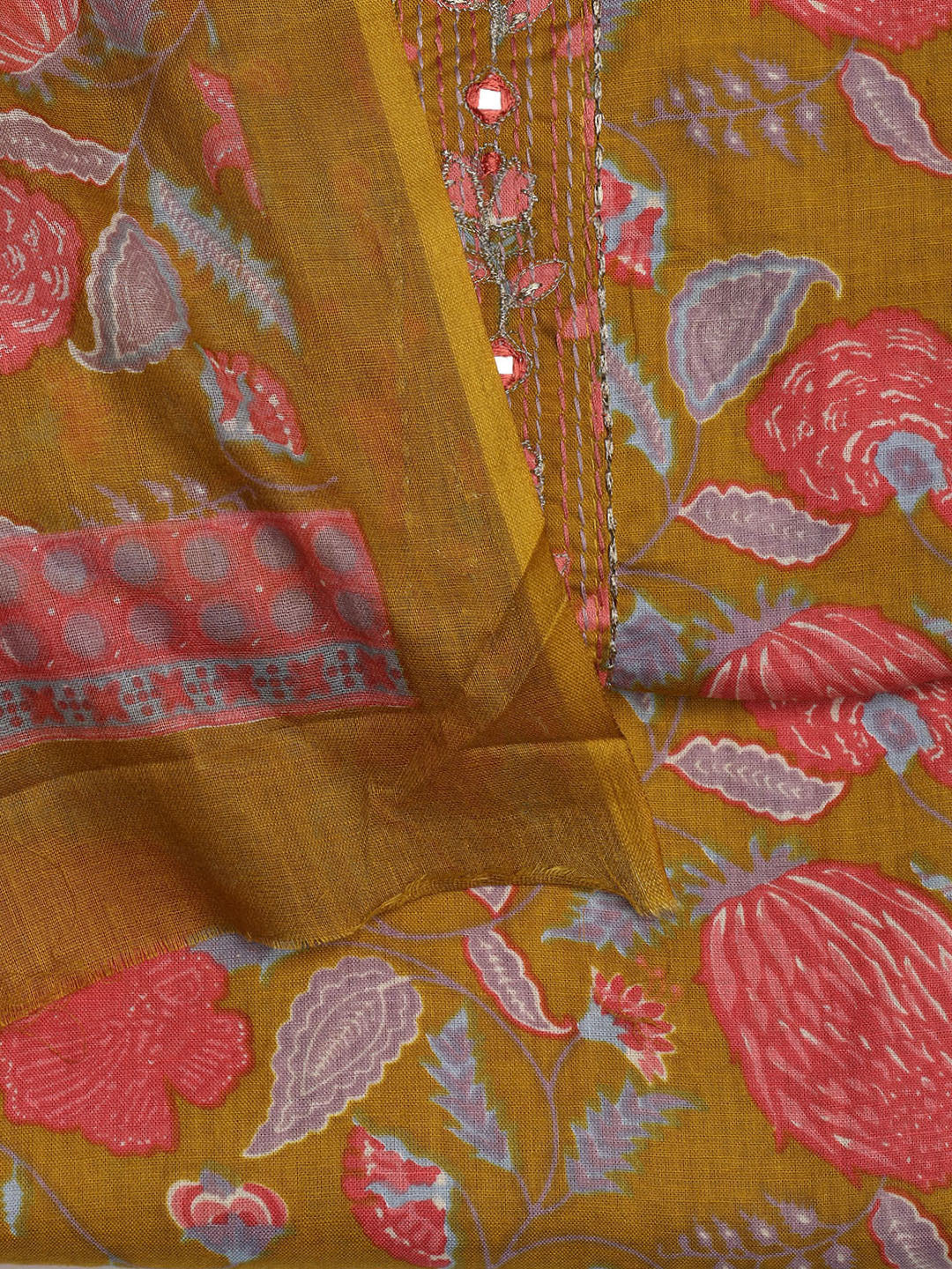 Printed Cotton Blend Unstitched Suit With Dupatta