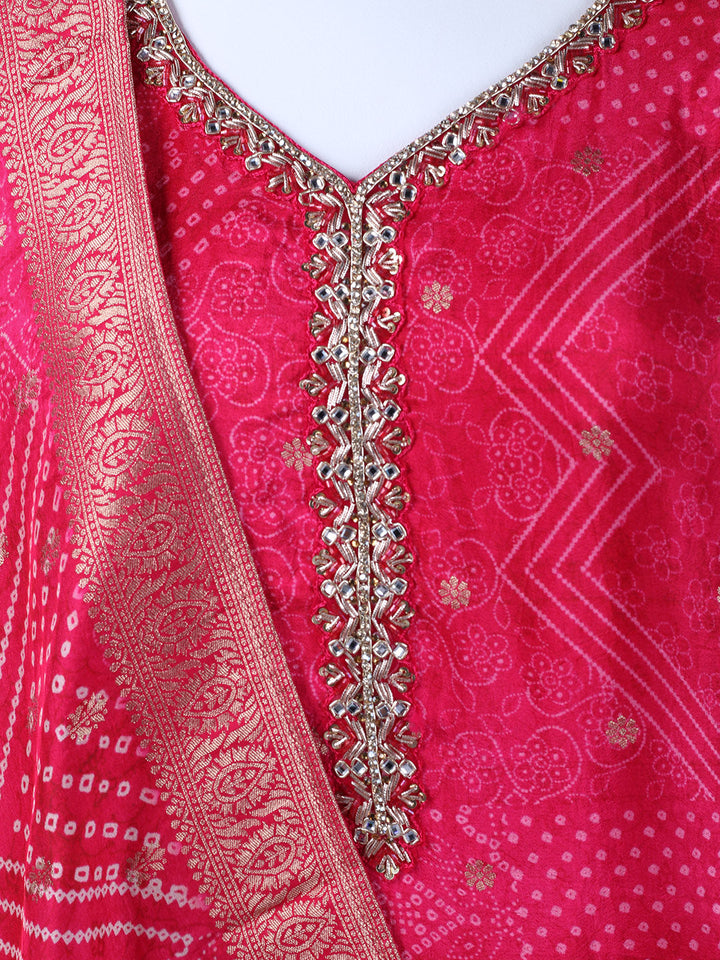 Bandhani Printed Art Silk Kurta With Pants &amp; Dupatta