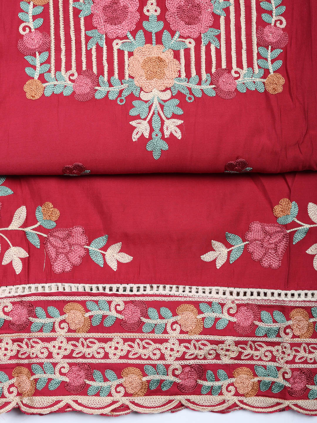 Embroidered Cotton Blend Unstitched Suit With Pant &amp; Dupatta