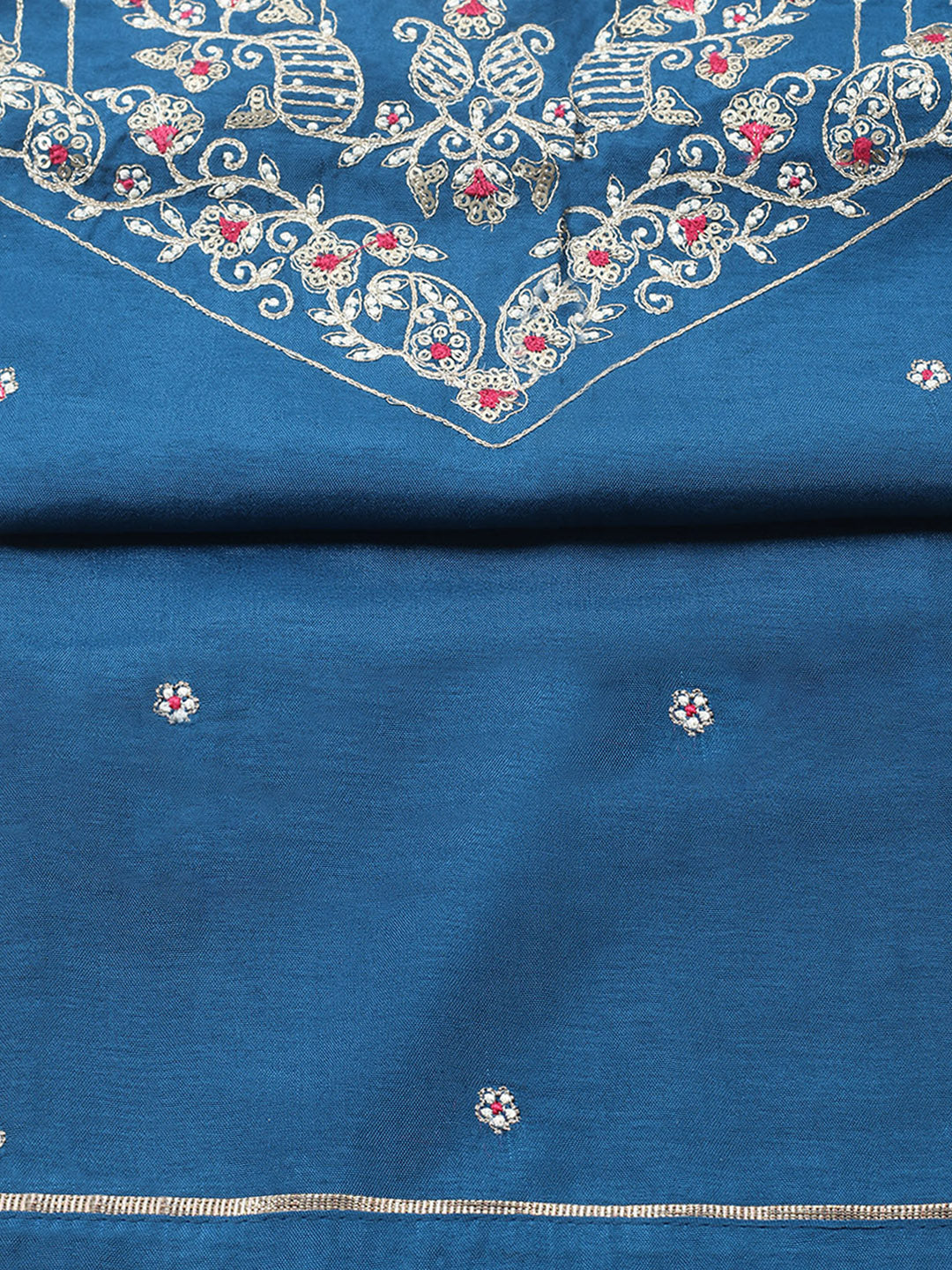 Embroidered Chanderi Unstitched Suit With Pant &amp; Dupatta