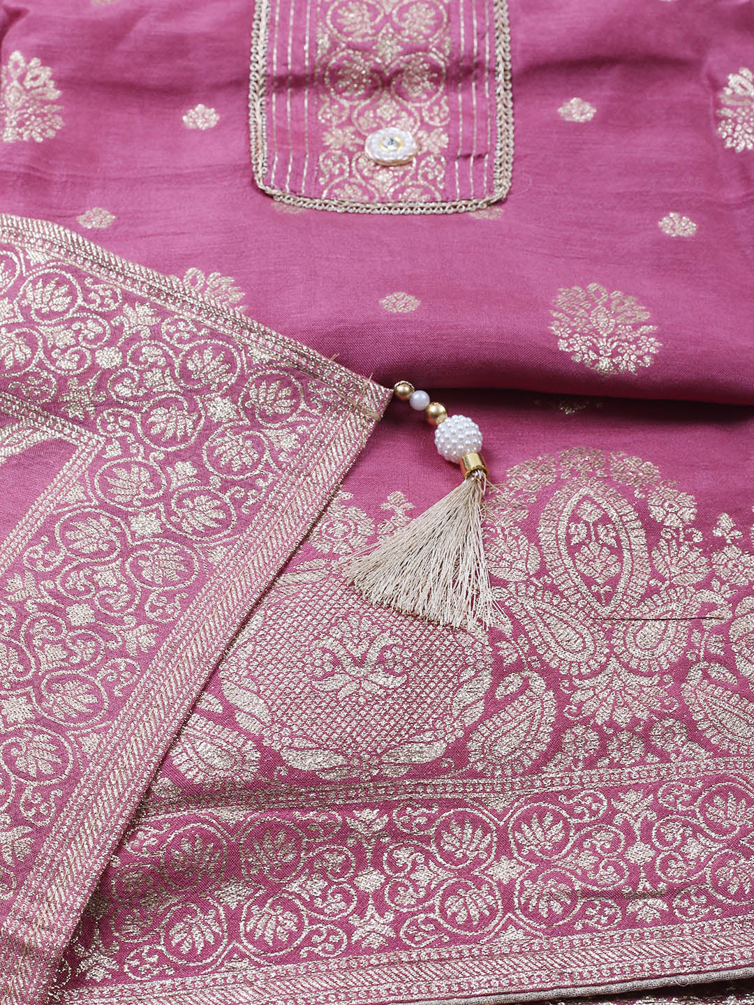Embroidered Chanderi Unstitched Suit With Pant &amp; Dupatta