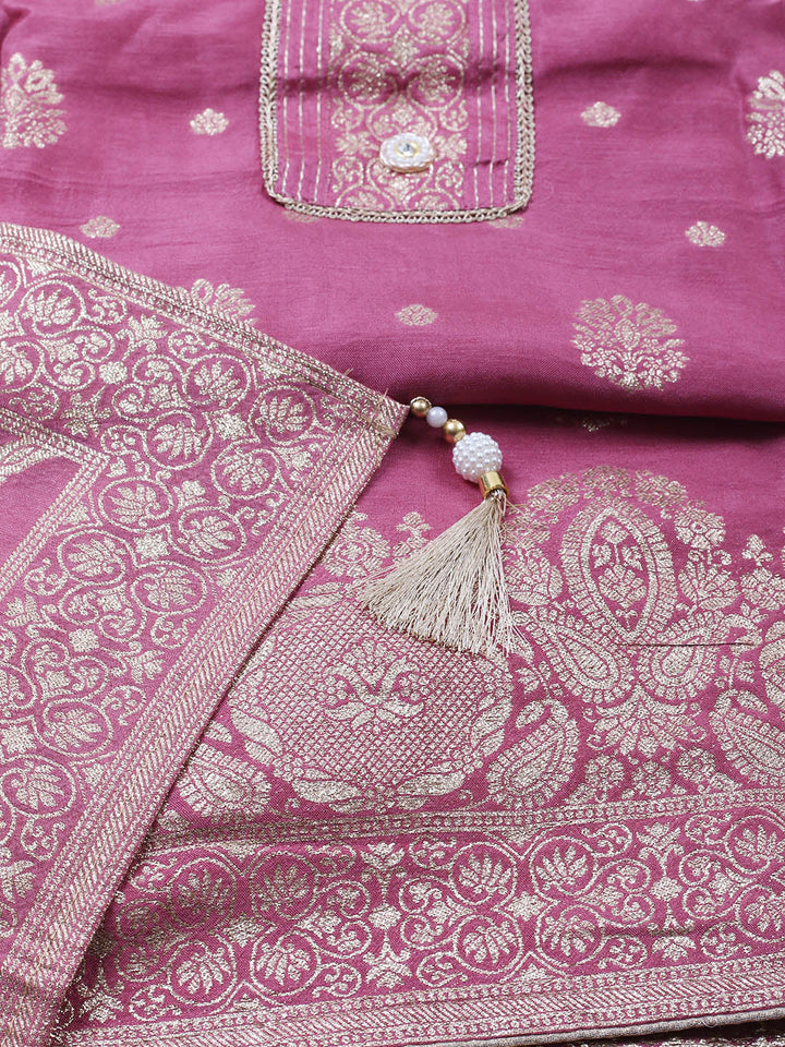 Embroidered Chanderi Unstitched Suit With Pant &amp; Dupatta