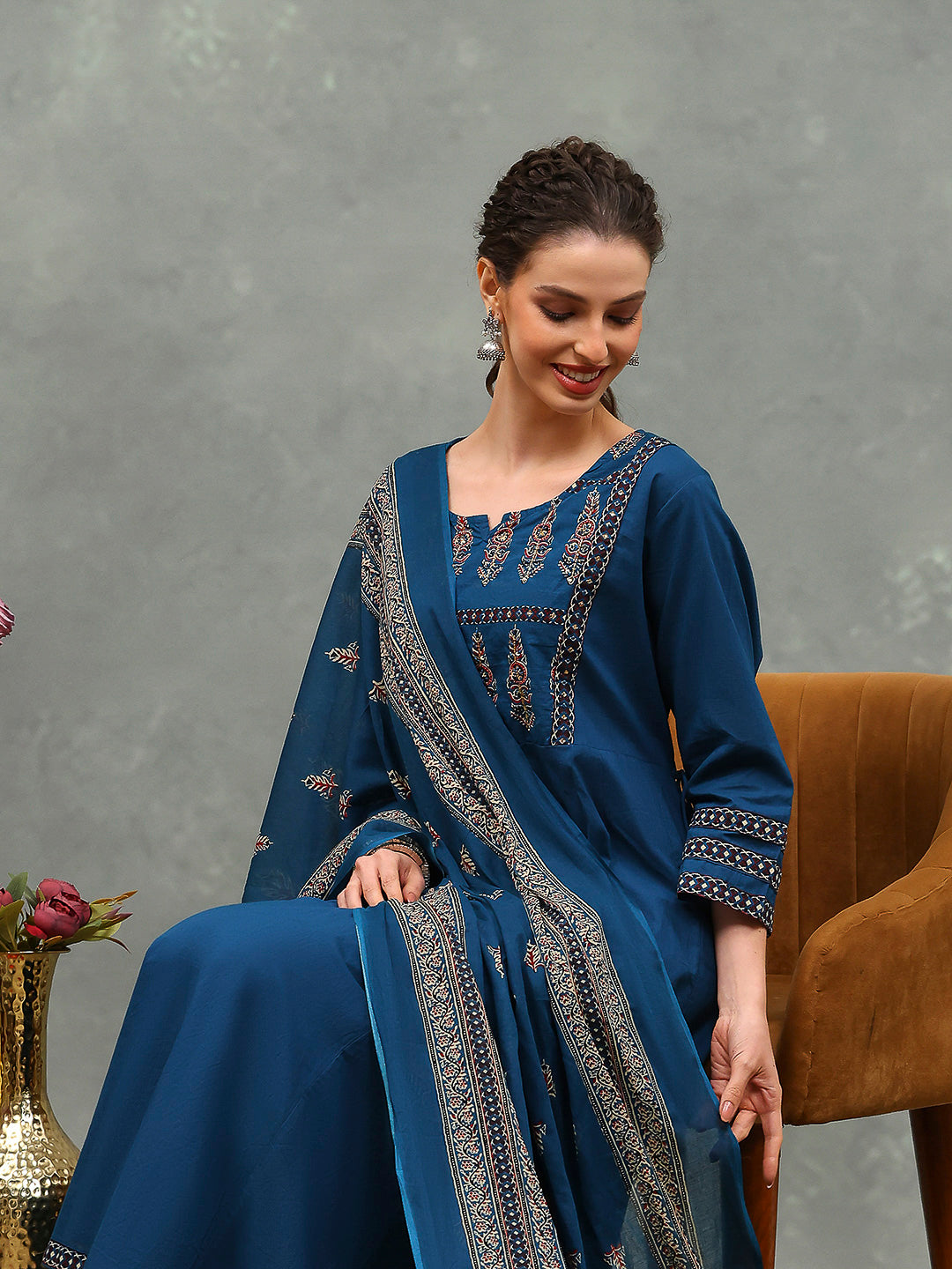 Embroidered Cotton Kurta With Pants & Dupatta