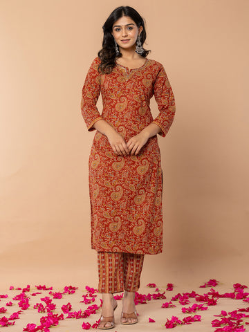 Paisley Printed Cotton Blend Kurta With Pants & Dupatta