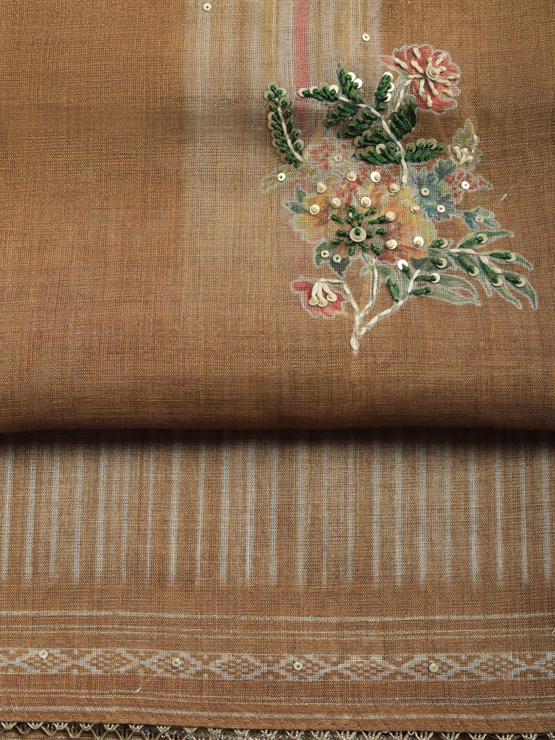 Printed Linen Blend Unstitched Suit With Pant &amp; Dupatta