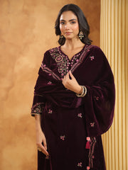 Neck Zari Embroidered Velvet Kurta With Pants & Dupatta