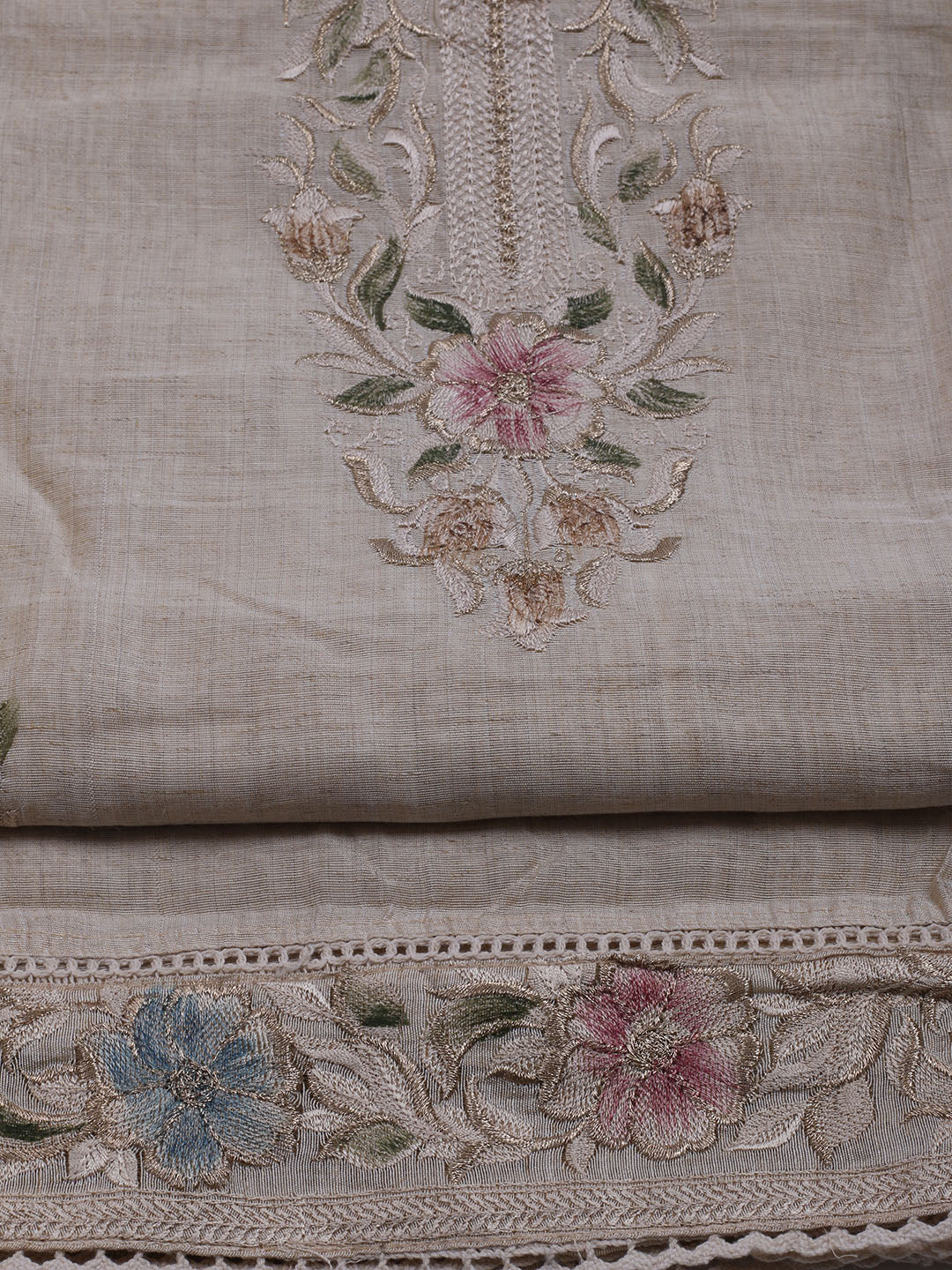 Embroidered Chanderi Unstitched Suit With Dupatta