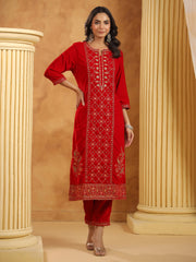 Neck Embroidered Velvet Kurta With Pants & Dupatta