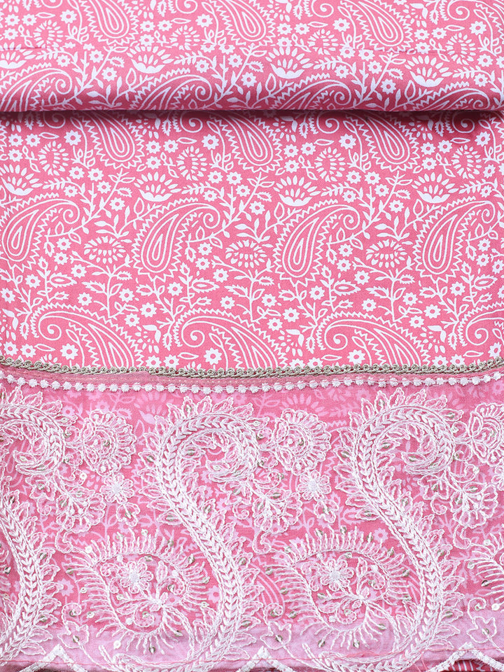 Printed Cotton Blend Unstitched Suit With Pant &amp; Dupatta
