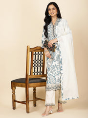 Neck Embroidery Cotton Kurta With Pants & Dupatta