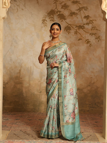 Digital Floral Printed Art Tussar Saree