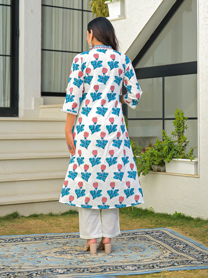 Blue Printed Cotton Blend Straight Suit Set With Dupatta